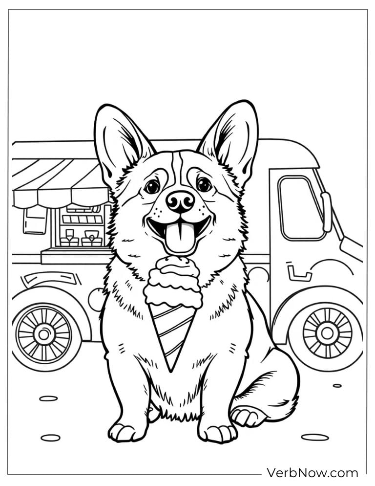 A corgi licks an ice cream in front of a food truck