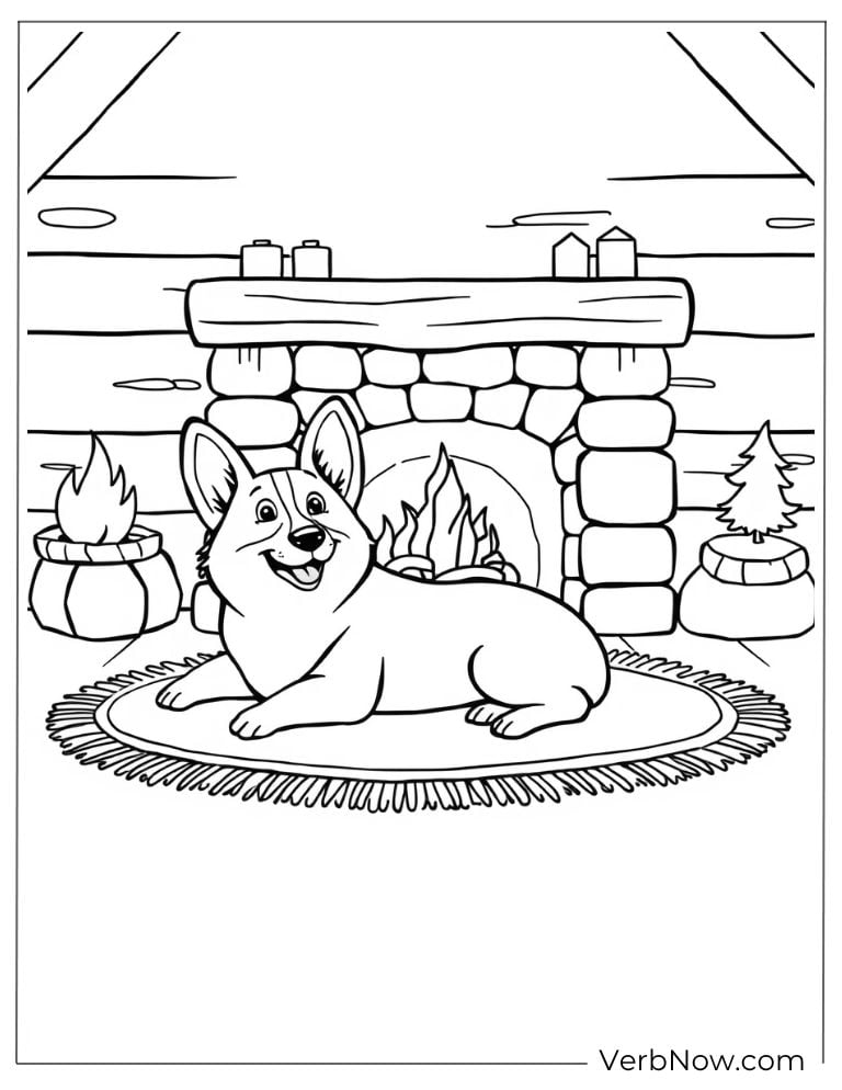 Corgi lounges cozily by a fireplace inside a cabin