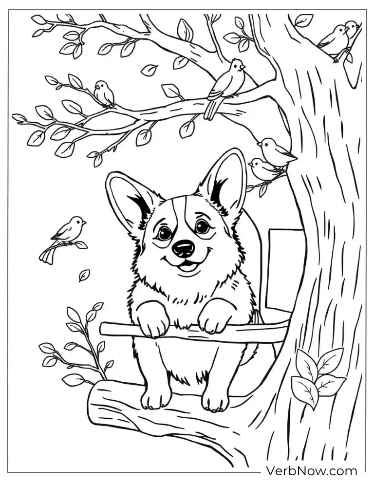 The corgi sits on a tree branch coloring page