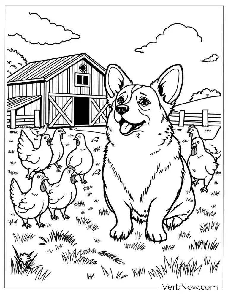 Corgi plays with chickens on a farm near a barn
