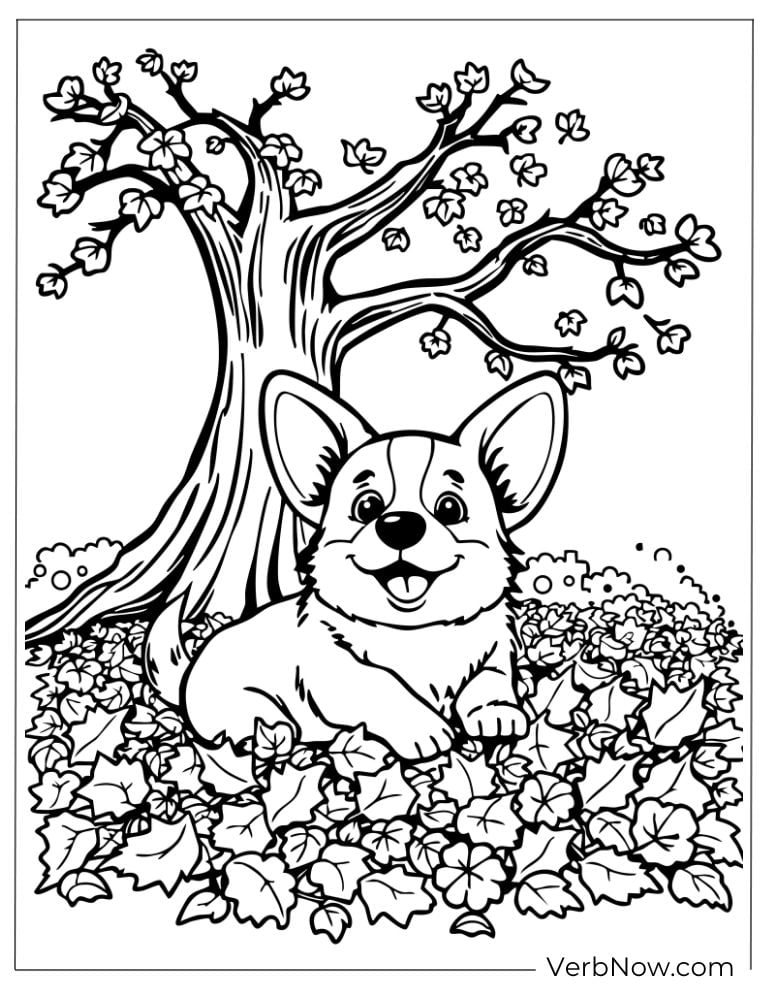 Corgi lies in a pile of autumn leaves under a tree