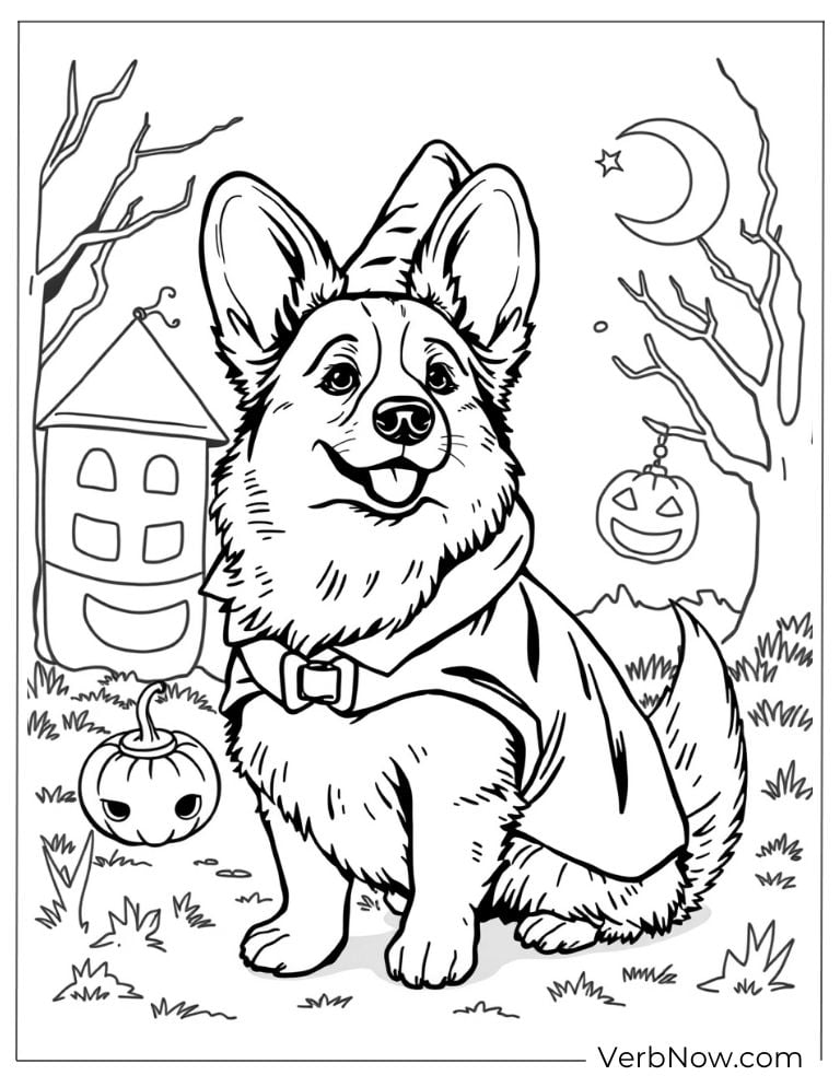 Corgi dresses up for Halloween with pumpkins