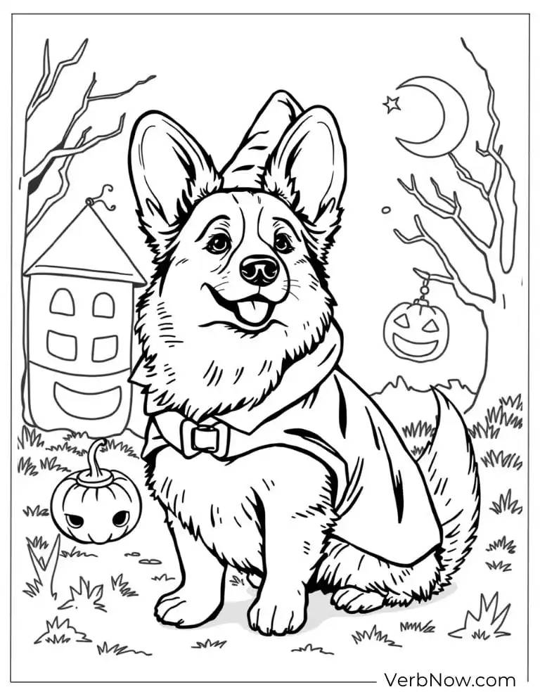 Corgi dresses up for Halloween with pumpkins