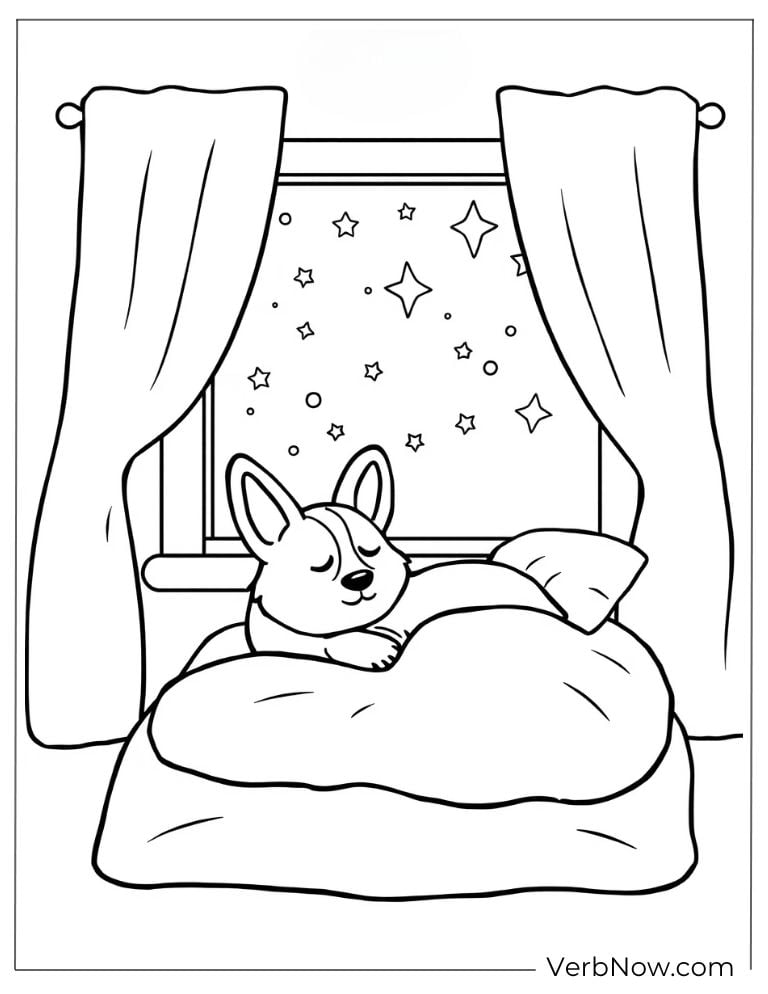 Corgi peacefully sleeps in bed under a starry night sky