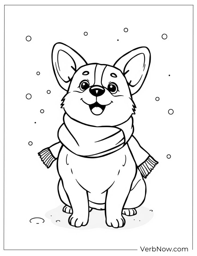 Cozy corgi wears a scarf and enjoys the falling snow
