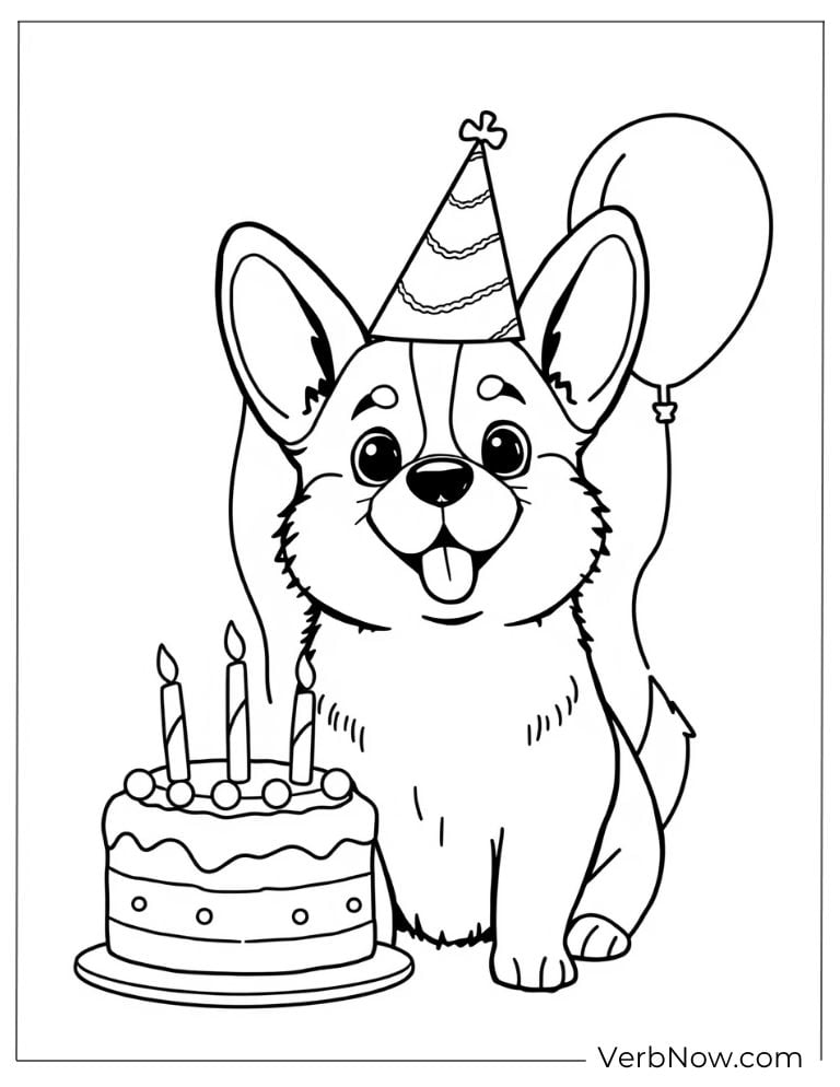Corgi celebrates its birthday with a cake and balloons