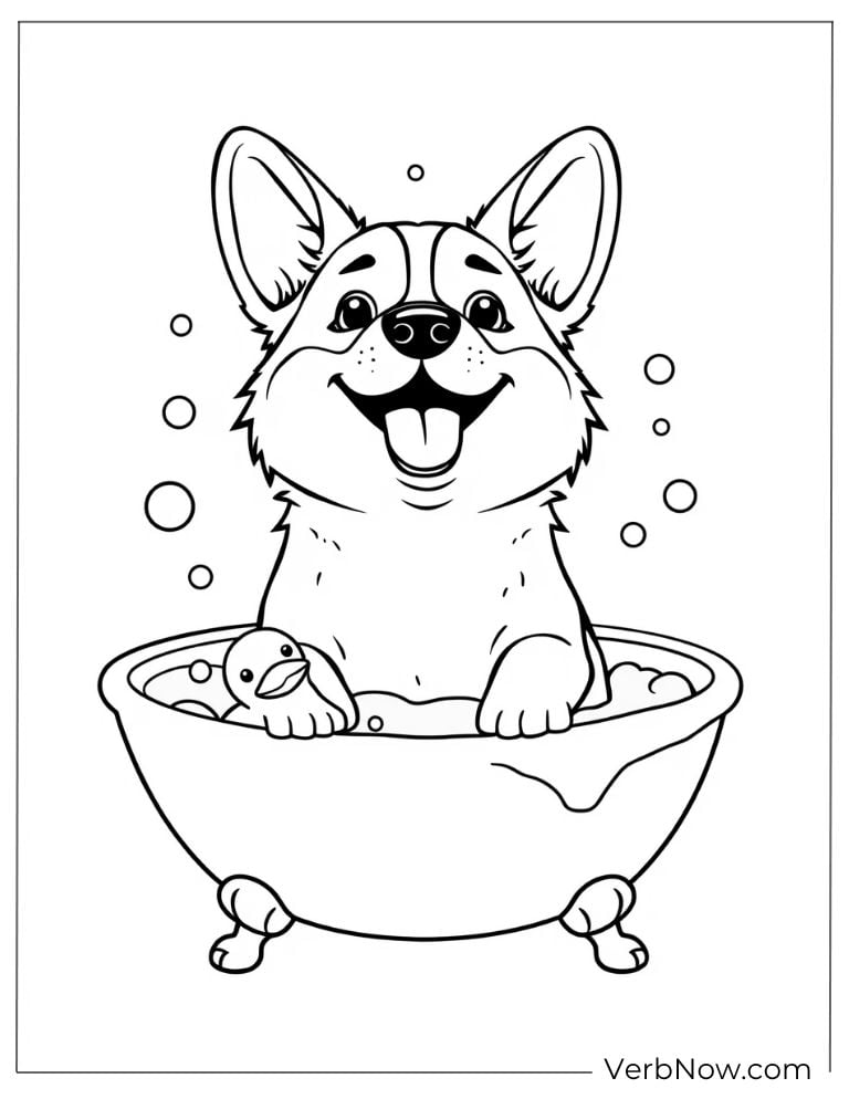 A cheerful corgi takes a bubble bath in a tub
