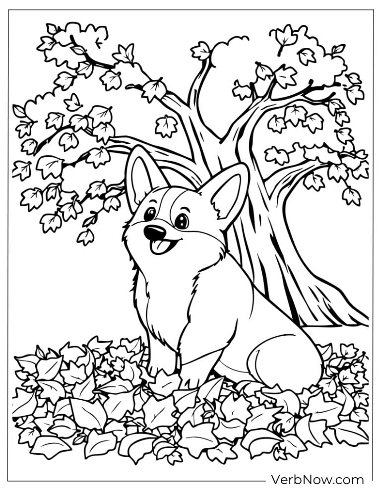 A corgi sits under a tree with falling autumn leaves