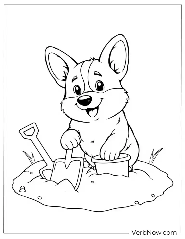 22 Free Corgi Coloring Pages for Kids (Printable PDF) Playful corgi digs in the dirt coloring page