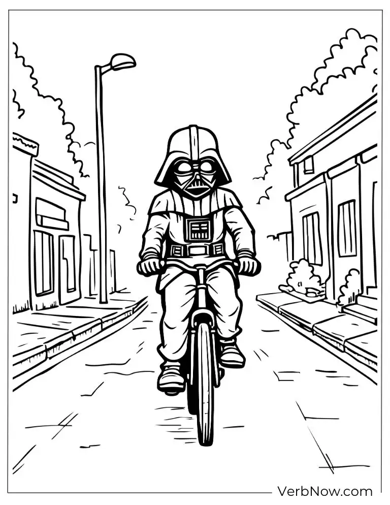 Darth Vader riding a bicycle on a quiet street