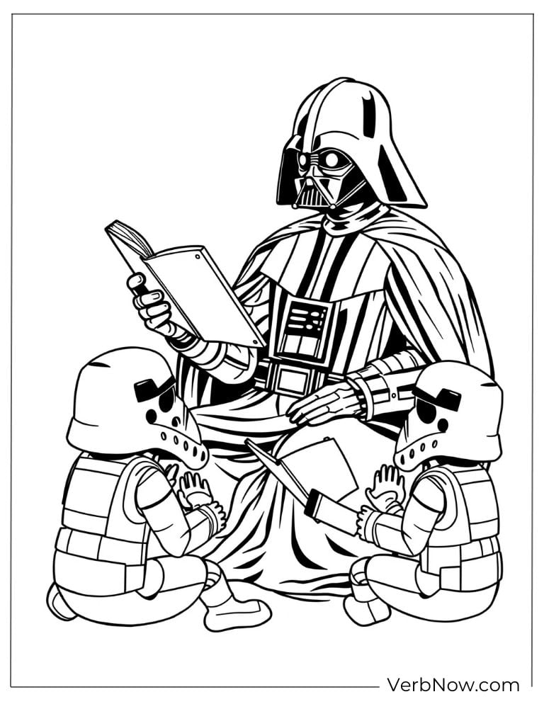 Darth Vader reading a book to two mini Stormtroopers