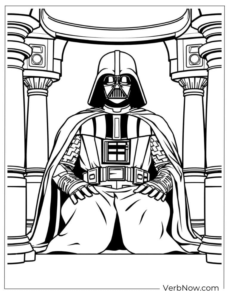 Coloring page of Regal Darth Vader seated on a throne