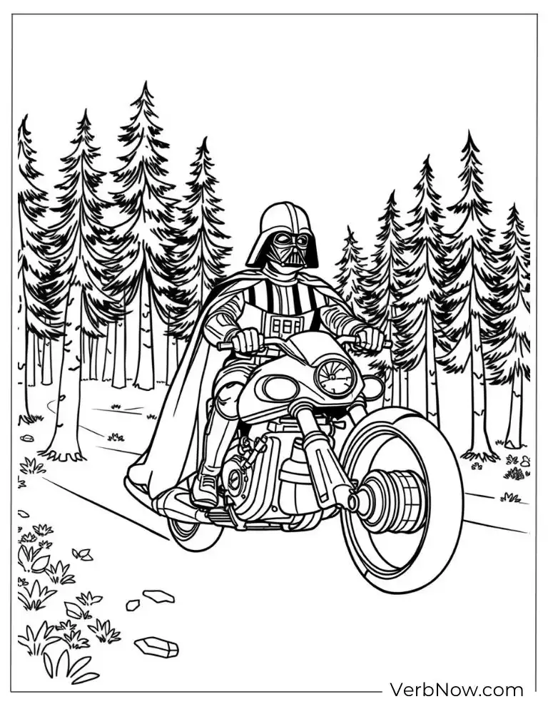 Darth Vader riding a motorcycle through a forest