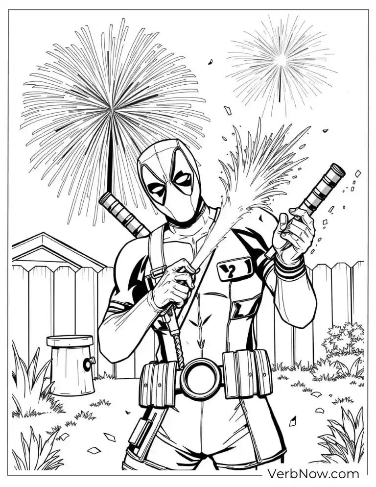Deadpool enjoys fireworks coloring page