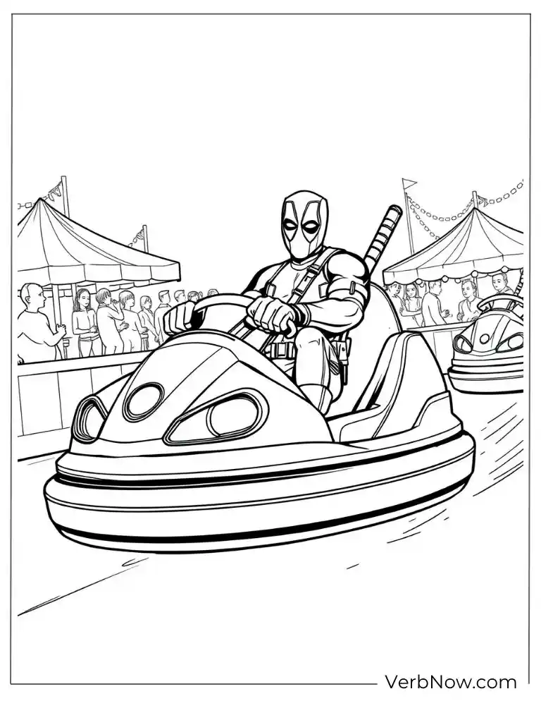 Deadpool drives a bumper car coloring page