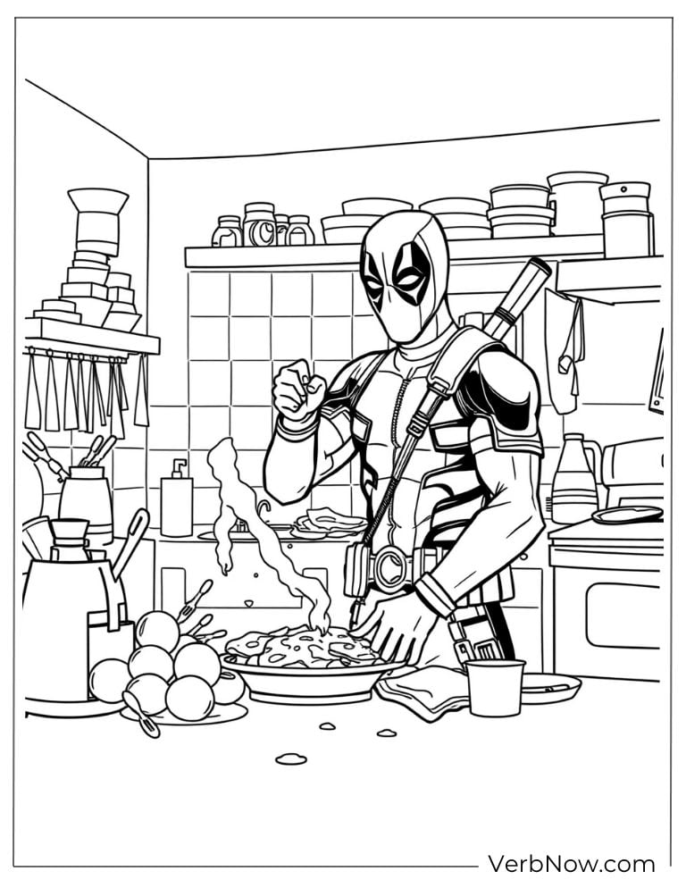 Deadpool chops vegetables in a messy kitchen