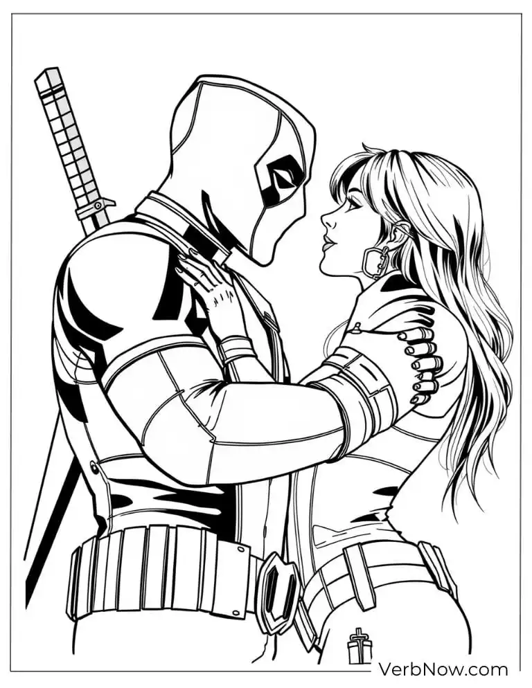 Deadpool embraces his love coloring page