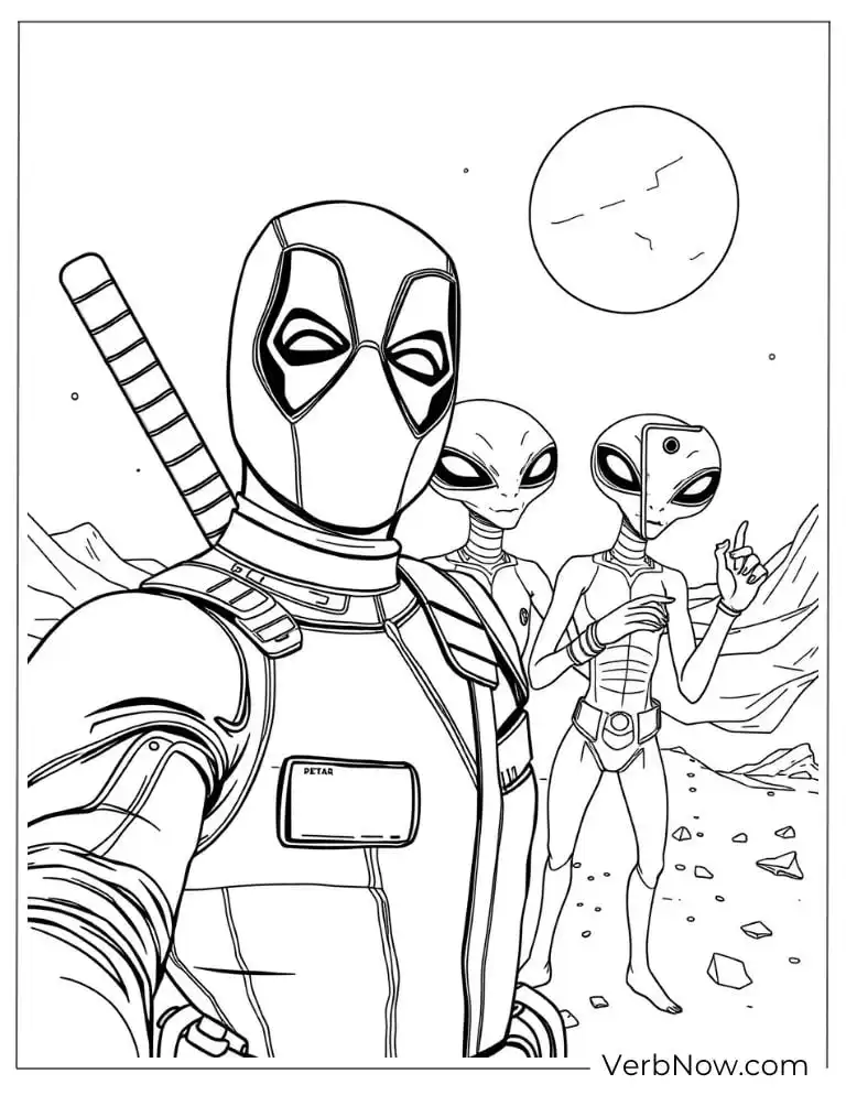 Deadpool with two friendly aliens coloring page