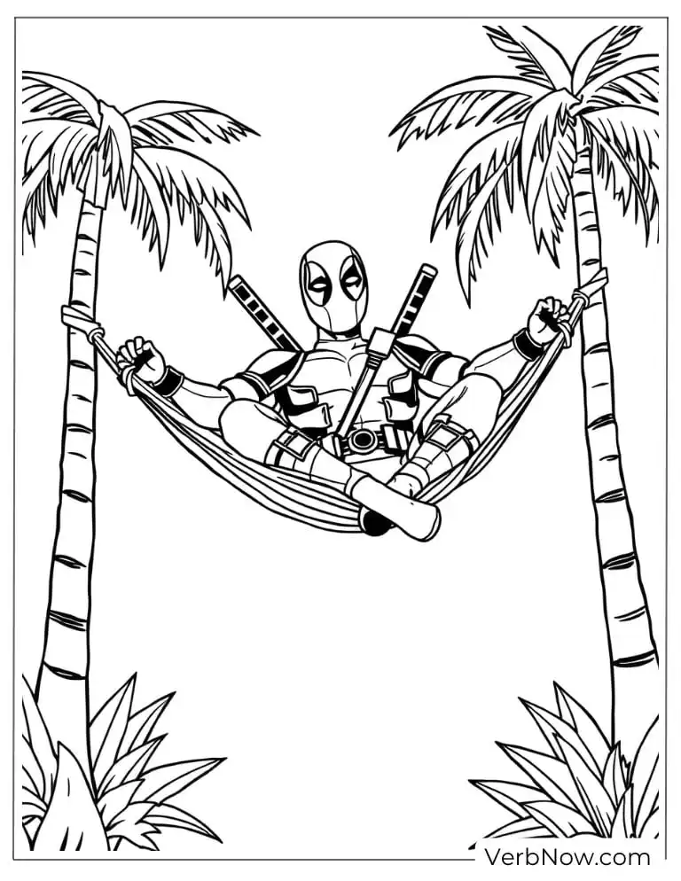 Deadpool relaxes in a hammock between palm trees