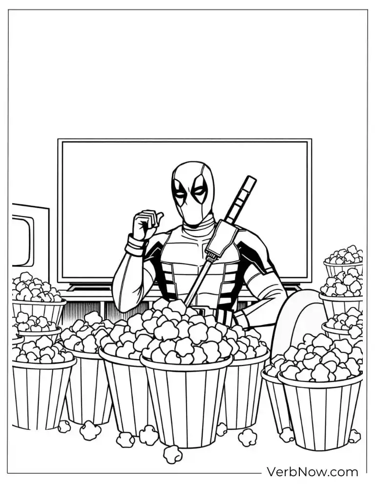 Coloring page of Deadpool with buckets of popcorn