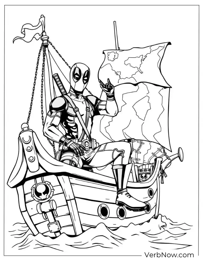 Deadpool captains a pirate ship on the sea