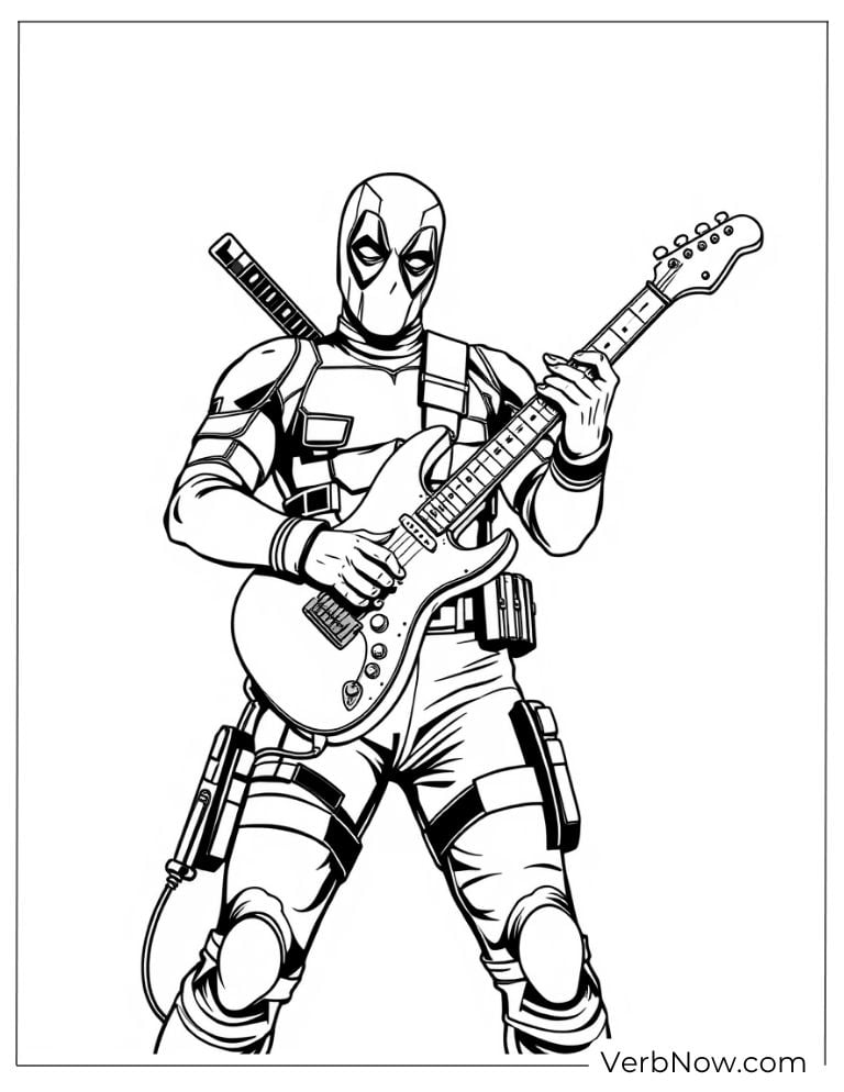 Deadpool rocks out while playing an electric guitar