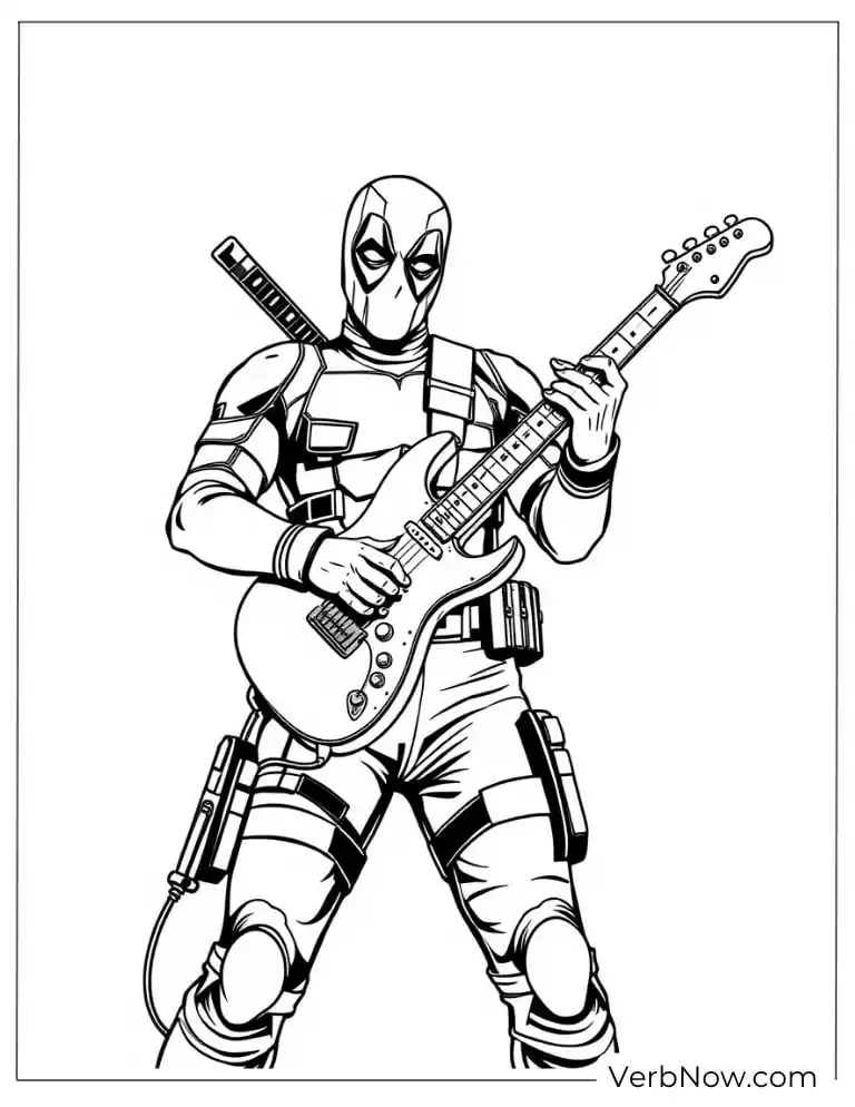 Deadpool rocks out while playing an electric guitar