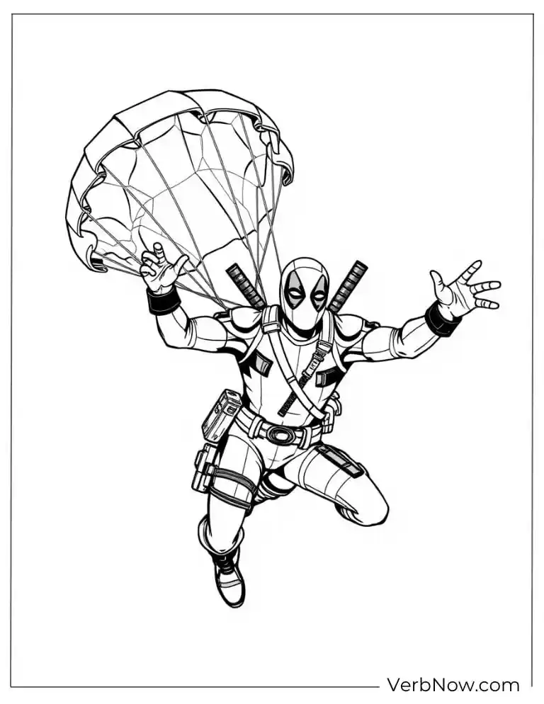 Deadpool parachutes from the sky with arms wide