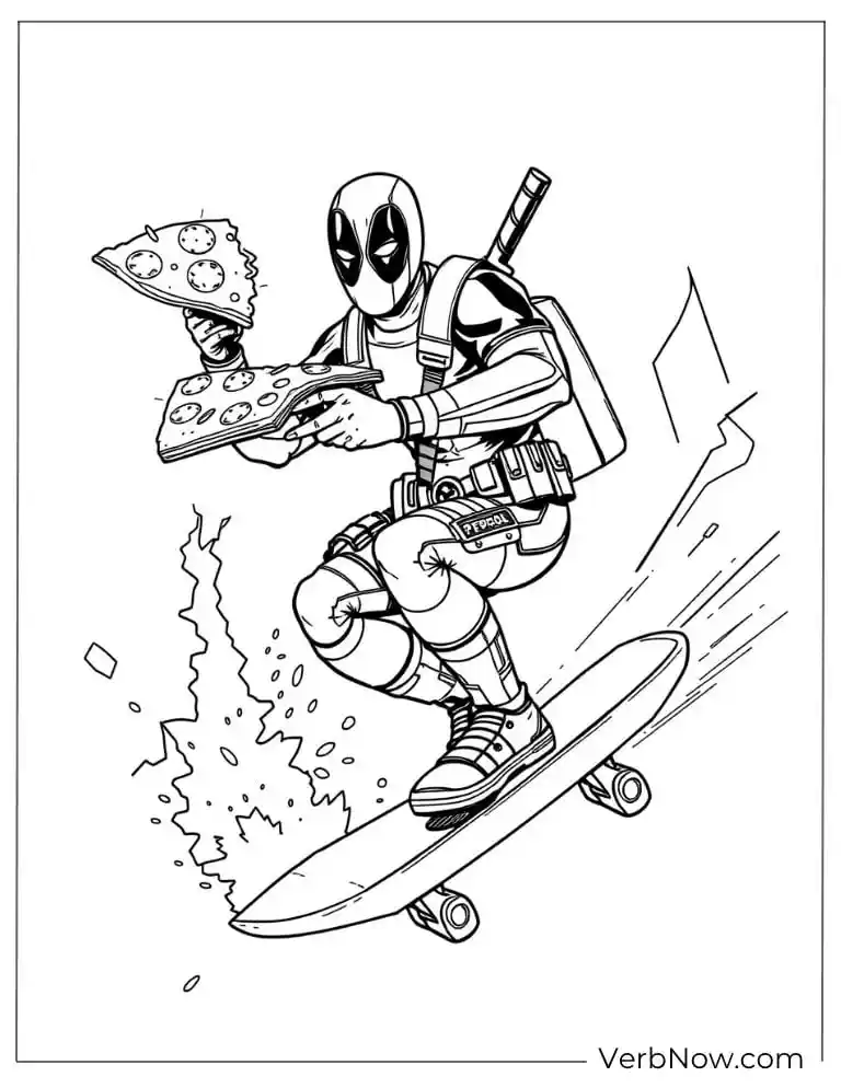 Deadpool rides a hoverboard while eating pizza