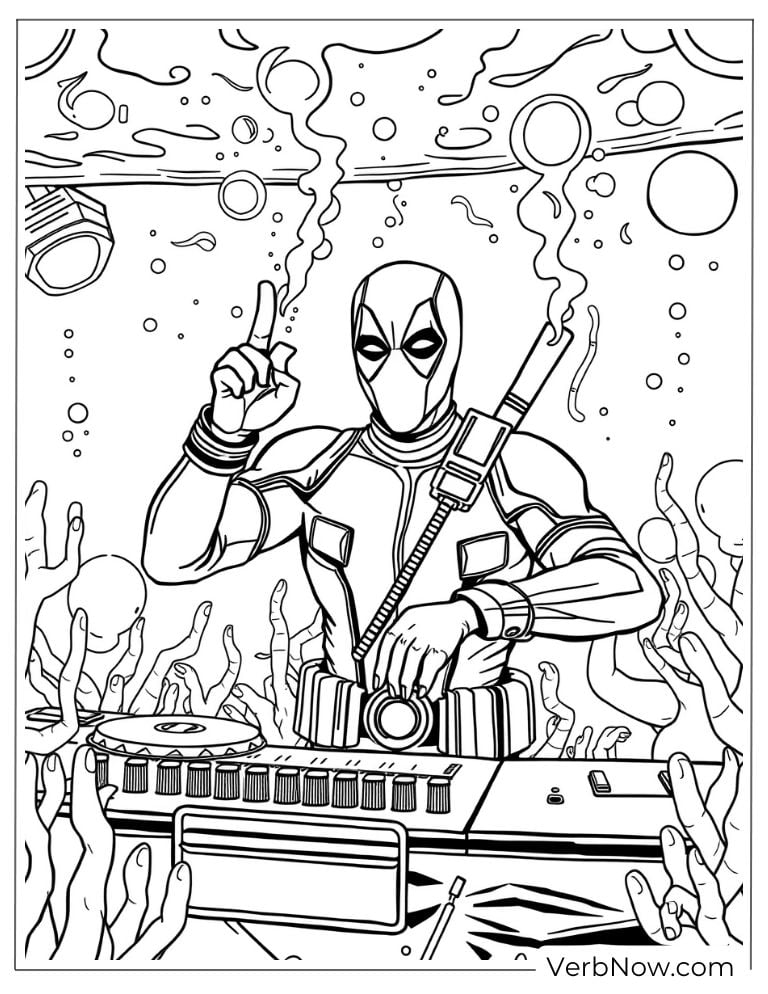 Deadpool DJs underwater coloring page