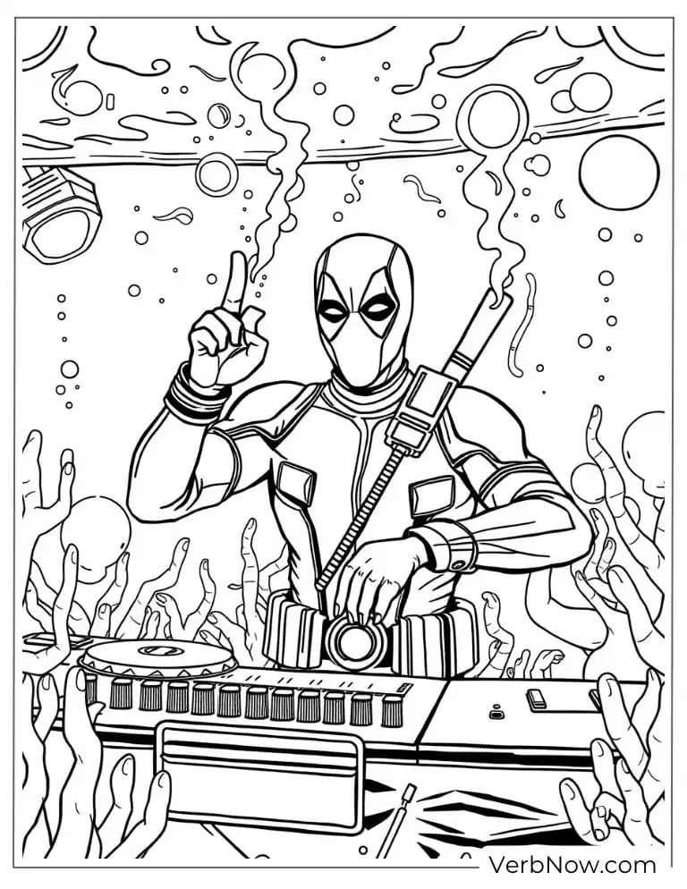 Deadpool DJs underwater coloring page