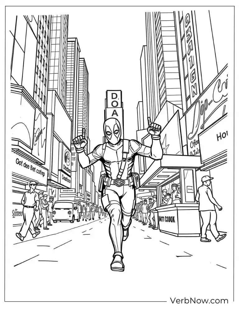 Deadpool dances through a busy city street