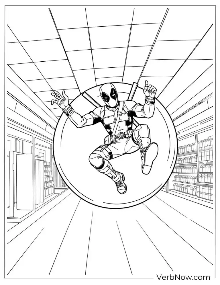 Deadpool jumps through a hallway