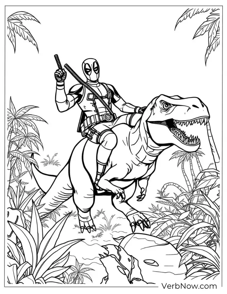 Deadpool rides a dinosaur through a jungle