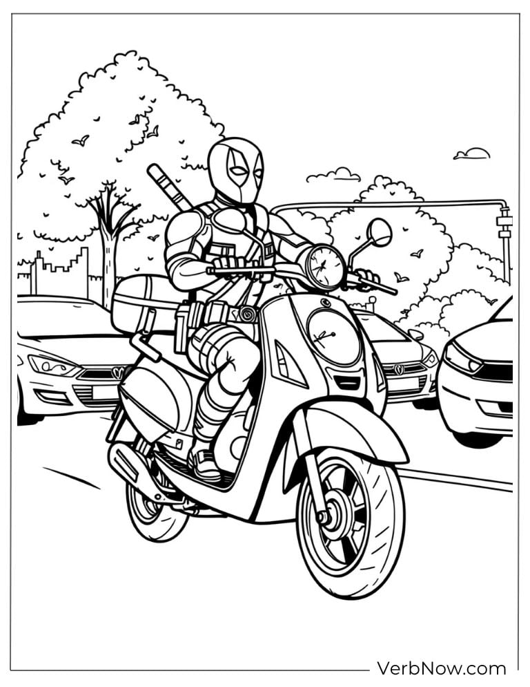 Coloring page of Deadpool rides a scooter