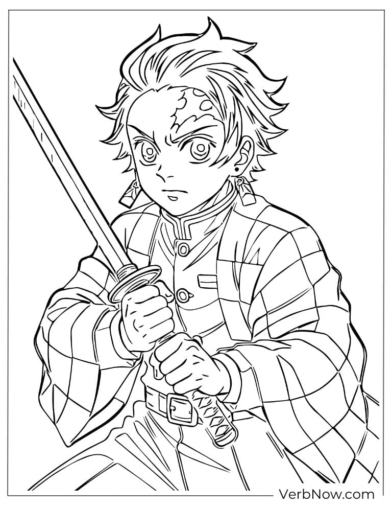 Tanjiro holding a sword coloring page