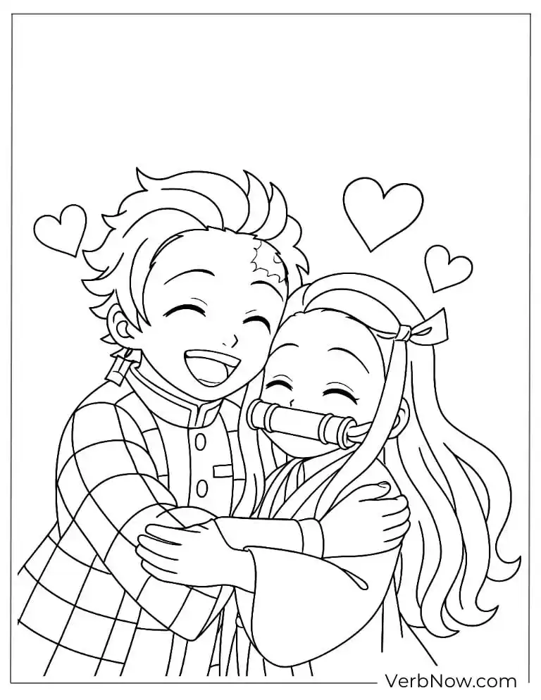 Tanjiro and Nezuko hugging happily