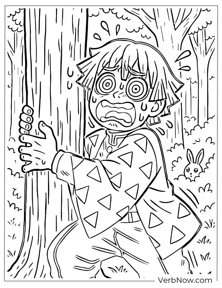 Zenitsu scared hug tree coloring page