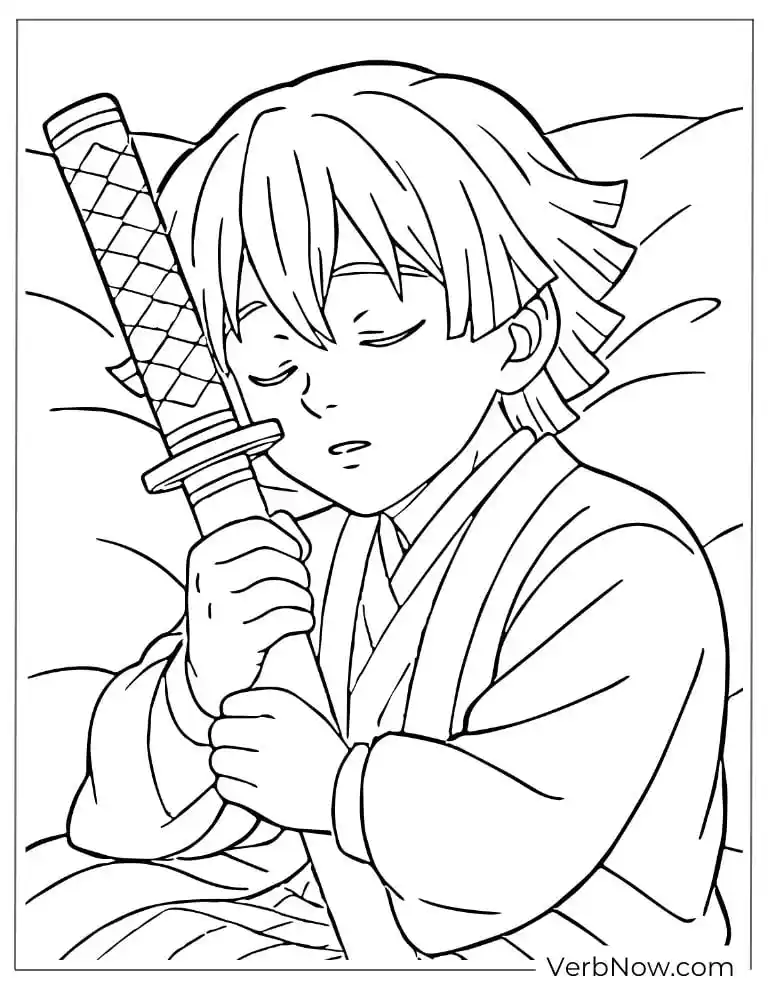 Zenitsu slept hugging his sword coloring page