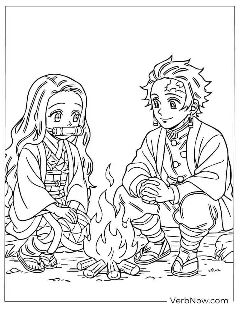 Tanjiro and Nezuko sit by the fire