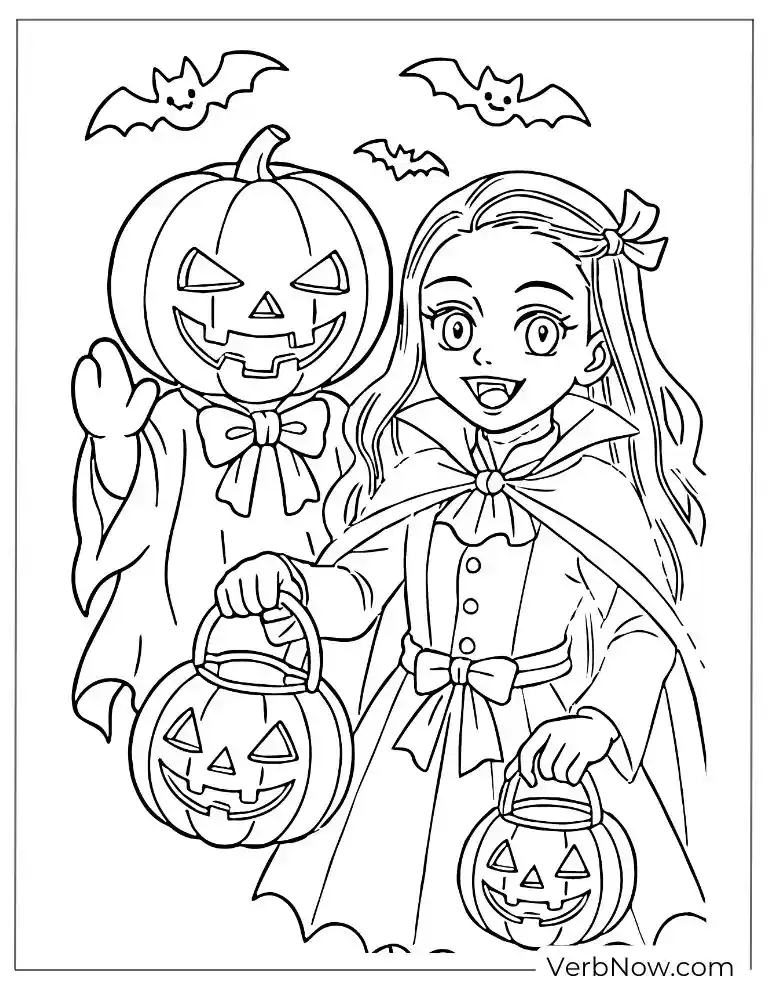 Coloring page of Nezuko and ghost in Halloween