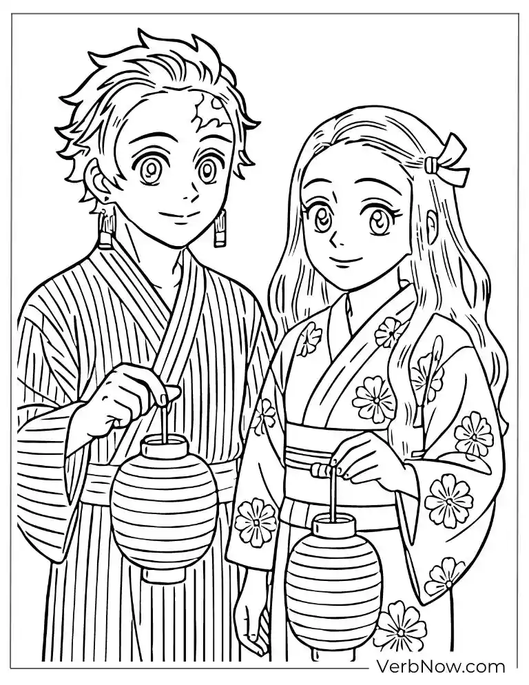 Tanjiro and Nezuko holding lanterns coloring page