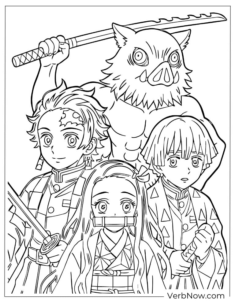 Coloring page of Tanjiro, Nezuko, Inosuke and Zenitsu