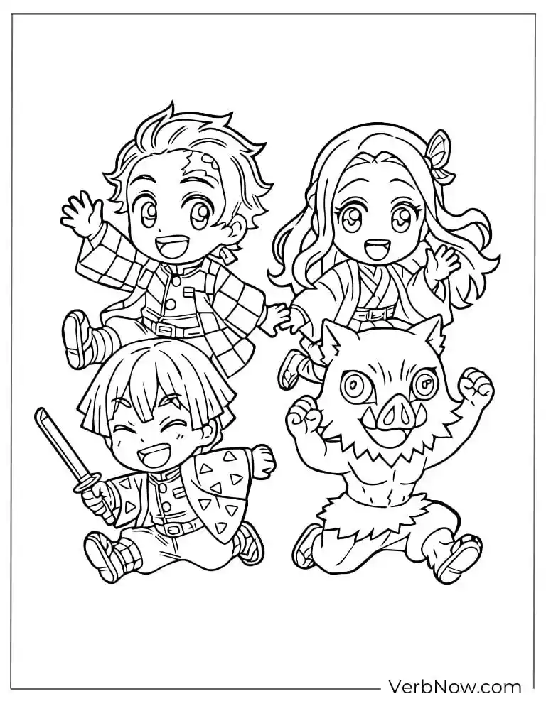 Coloring page of chibi Demon Slayer team