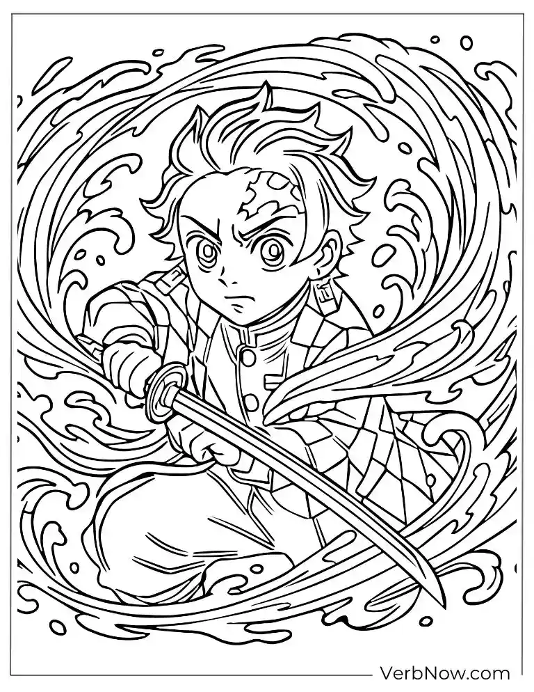 Tanjiro using water breath coloring page