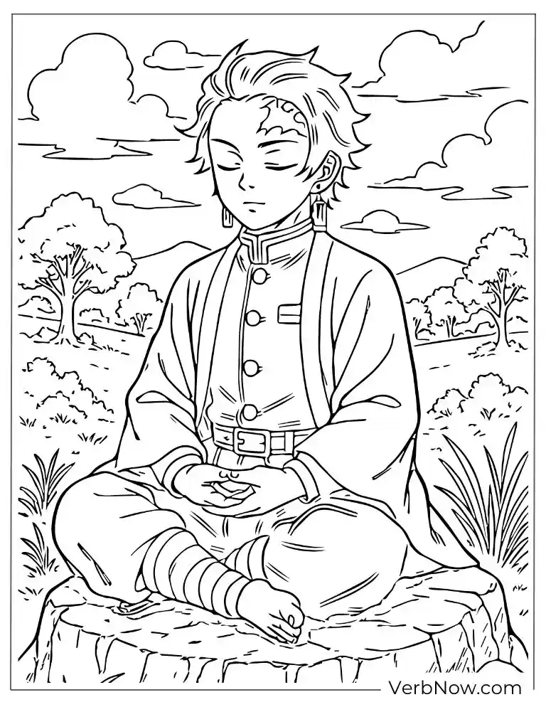 Tanjiro meditates in the mountains coloring page