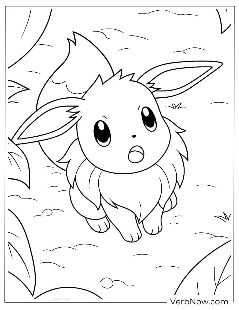 Eevee looking up walking in a forest coloring page