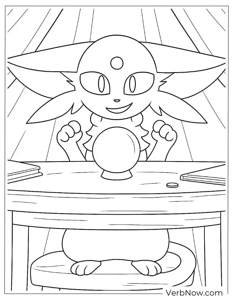 Espeon sitting at a table with a crystal ball coloring page