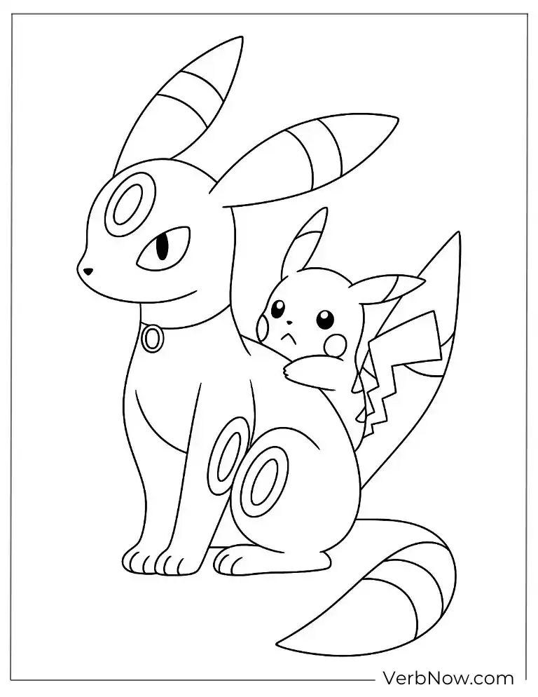 Umbreon sitting calmly with Pikachu coloring page