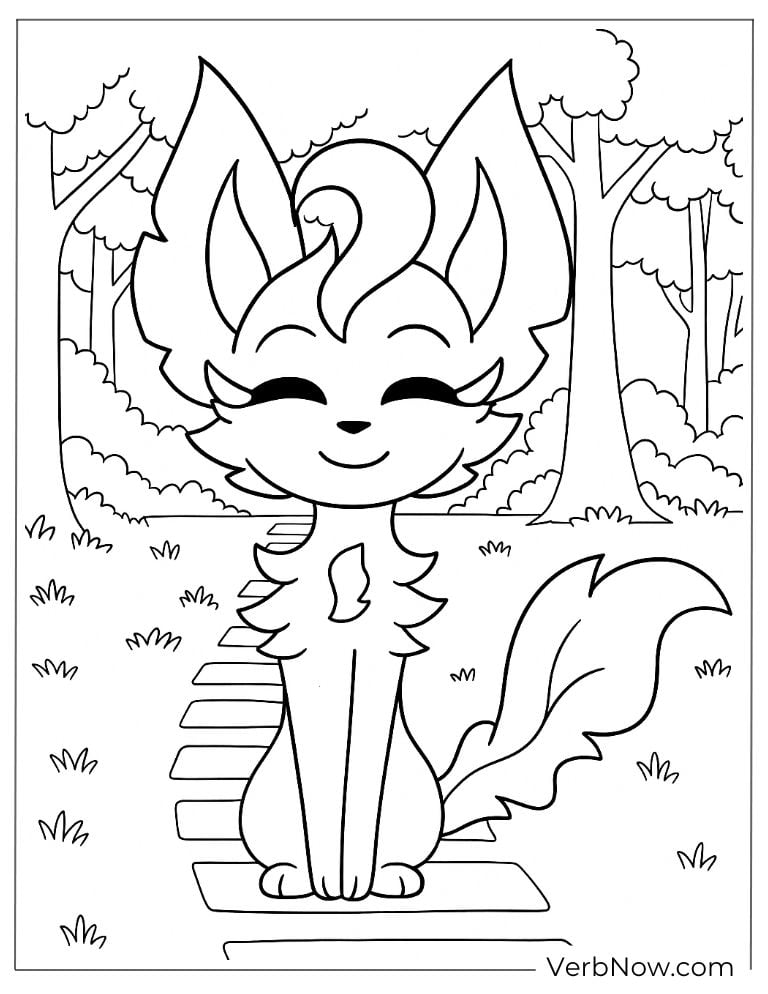 Fluffy Eevee smiling peacefully on a garden path